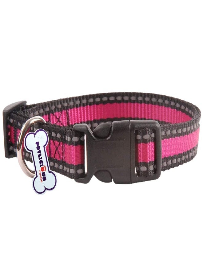 Petlicious & More® Nylon Made 19 mm Reflective Collar for Small & Medium Size Adult Dogs (Adjustable Size - 12" to 22" Inch Neck, Color - Pink) - Image 1